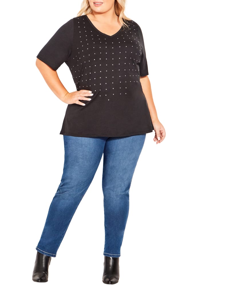 Front of a model wearing a size 14 Emma Sparkling Stars Top in Black by avenue. | dia_product_style_image_id:214097